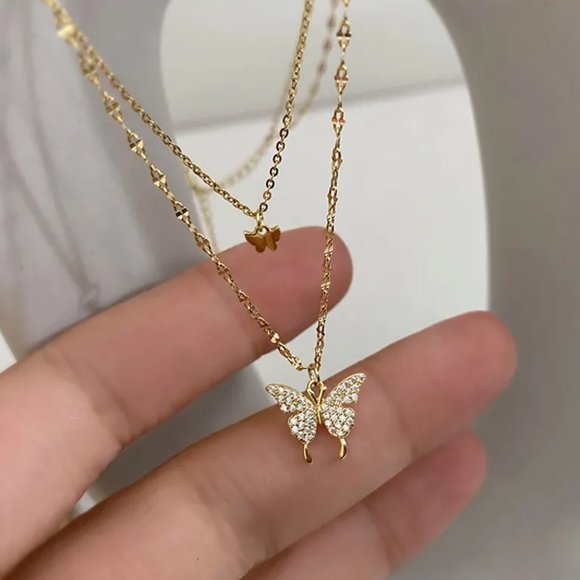 chichigems Jewelry - Gold & CZ Diamonds Double Layer Butterfly Necklace NEW